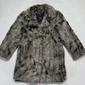 Vintage Dennis Basso Faux Fur Coat Gray Button Front Long Sleeve USA Size S